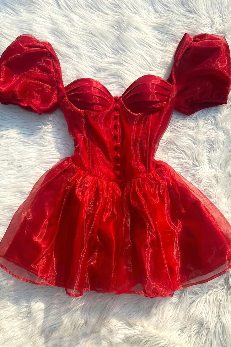 Cute A line Sweetheart With Puffy Sleeves Red Inspo Hoco Dress Homecoming Dresses RB4188