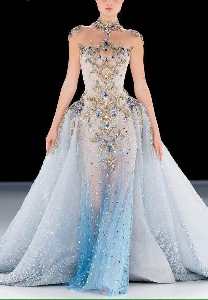Robe de bal longue sirène modeste à col montant en tulle bleu et perles dorées - Inspiration robes de soirée pour femmes - Robe de cérémonie AB1218