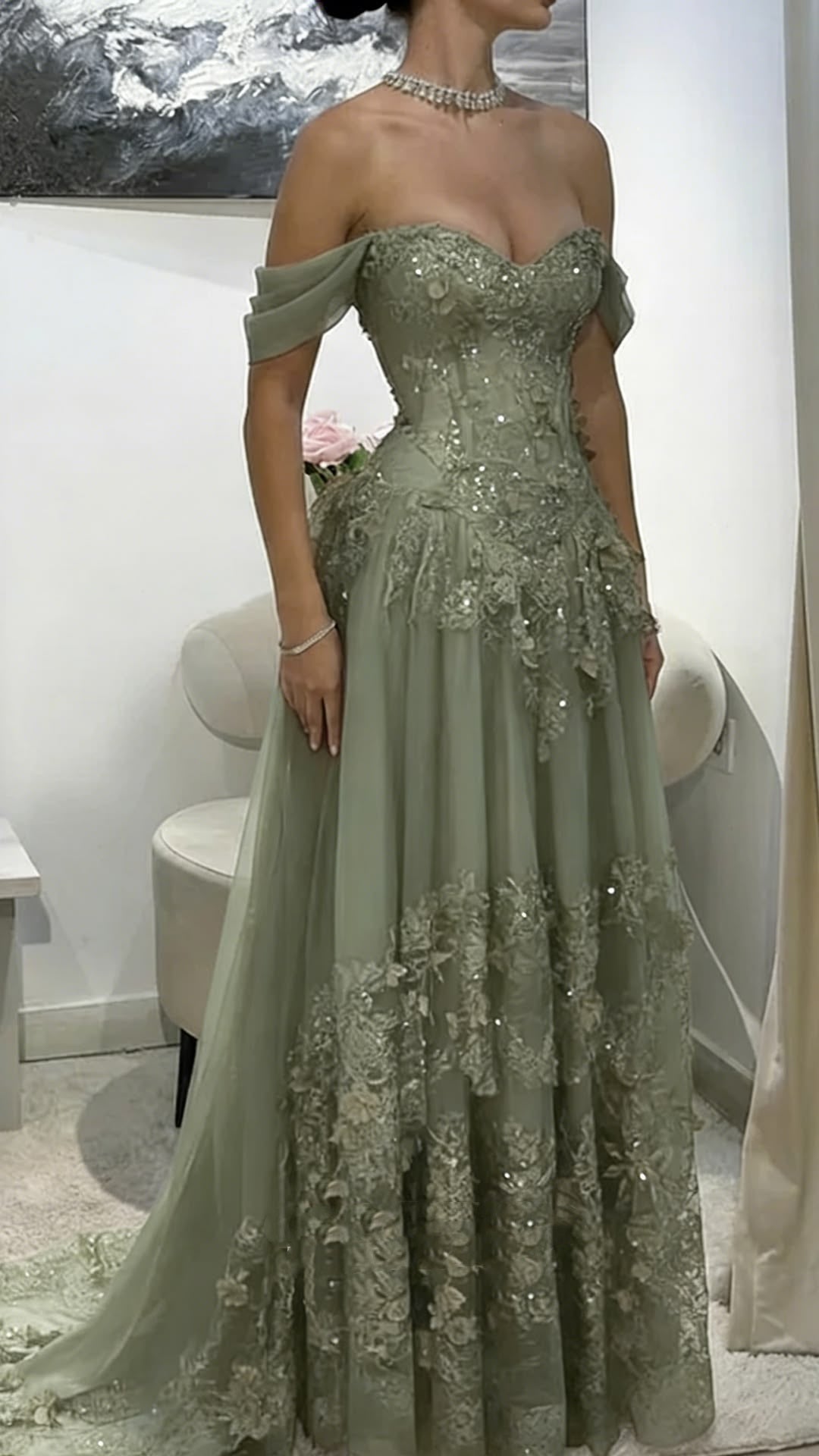 Elegant A Line Off The Shoulder Green Lace Perfection-Formal Goals Nigh Evening Long Prom Dress Party Outfits RB6718