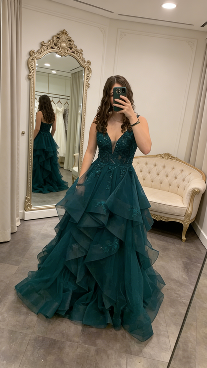 Robe de bal élégante à col en V, en tulle vert foncé avec appliques, robe de soirée longue AB2153