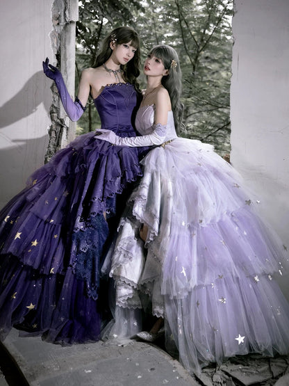 Prinzessinnen-Abendkleid, trägerlos, lila Satin mit Spitze, High-Low-Design, langes Partykleid, Abschlussballkleid, formelles Abendkleid AB2171