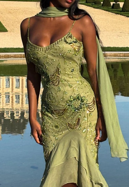 Sexy Ballkleid mit hohem/tiefem Saum, Spaghettiträgern, salbeigrünem Chiffon mit Perlen, halbformelles Abschlussballkleid für Teenager und Gymnasien AB1951