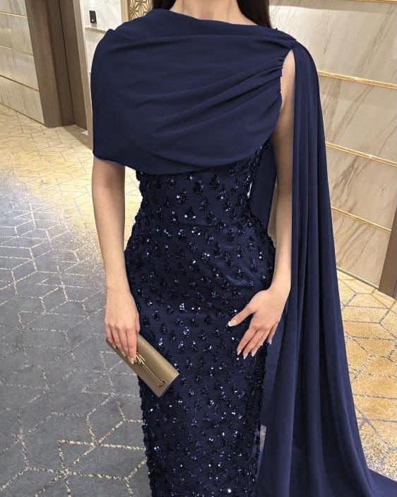 Elegantes, marineblaues Paillettenkleid mit Cape, langes, formelles Abendkleid für Ball, Dinner und festliche Anlässe AB2046