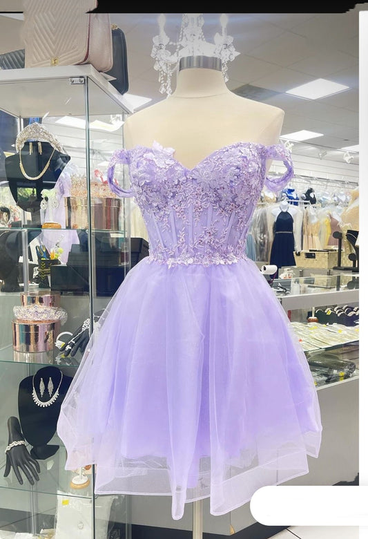 Cute Ball Gown Off The Shoulder Lilac Lace Short Mini 17th Birthday Dress Hoco Outfits N1898