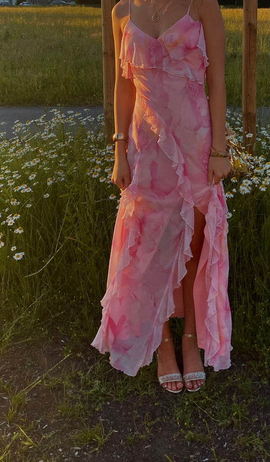 Charming Mermaid Spaghetti Straps Pink Floral Summer Spring Inspiration Long Wedding Guest Dress Birthday Outfits N1564