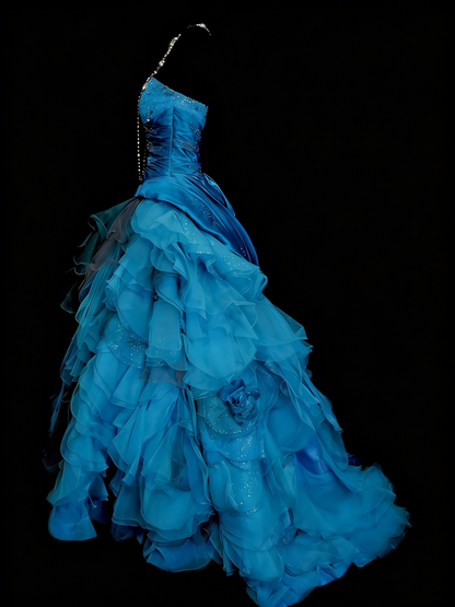 Vintage Night Aesthetic Ball Gown Strapless Blue Tulle 90s 80s College Formal Sweet 16 Outfit Long Prom Dresses For Teens N1160