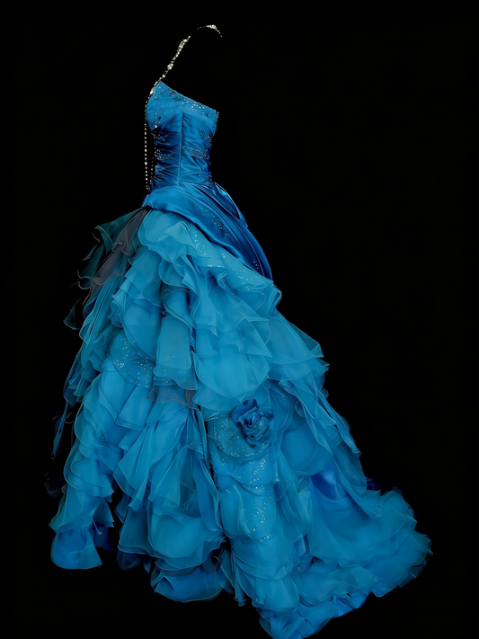 Vintage Night Aesthetic Ball Gown Strapless Blue Tulle 90s 80s College Formal Sweet 16 Outfit Long Prom Dresses For Teens N1160