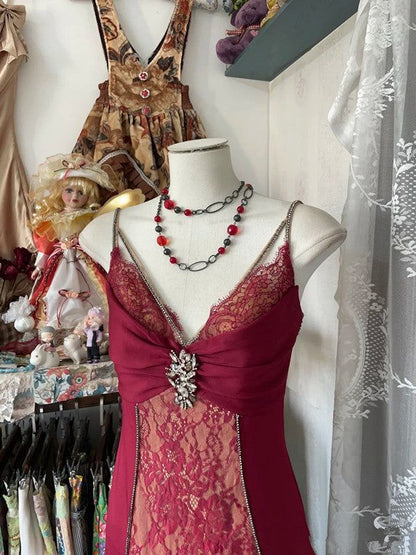 Vintage langes, burgunderrotes Spitzen-Abendkleid mit V-Ausschnitt, Meerjungfrauen-Stil, Partykleid, Tanzoutfit N535