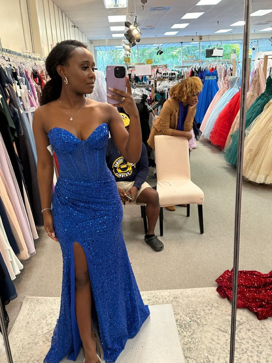 Robe de bal sirène modeste, décolleté cœur, sequins bleu roi et noirs, fente, robe de soirée formelle, robe d'anniversaire pour les 18 ans AB788
