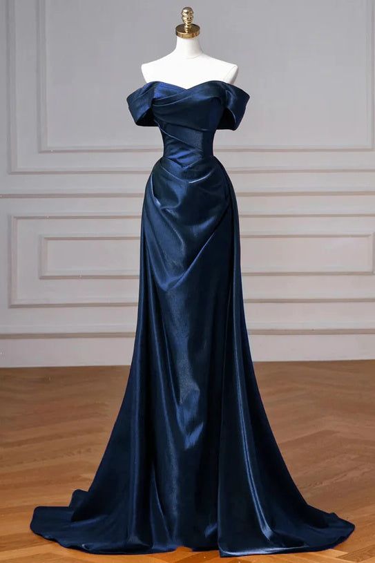 Marineblaues Ballkleid, schulterfreies Abendkleid mit abnehmbarer Schleppe, Modell N1853