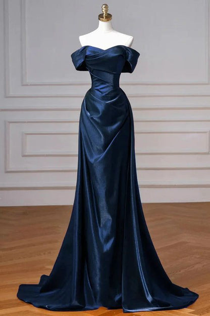 Marineblaues Ballkleid, schulterfreies Abendkleid mit abnehmbarer Schleppe, Modell N1853
