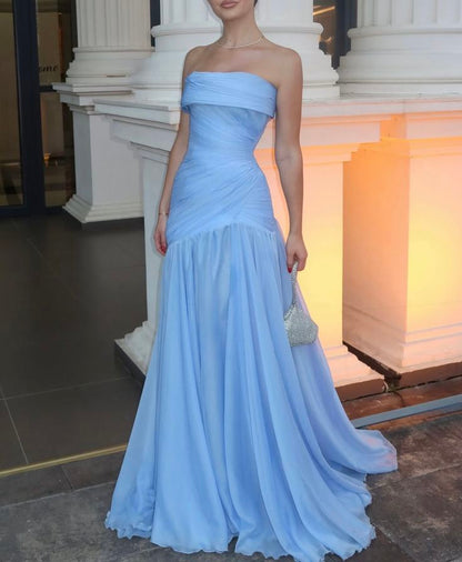 Magnifique robe de bal longue bleue chic, sans bretelles ni manches, coupe trapèze, avec plis, AB393