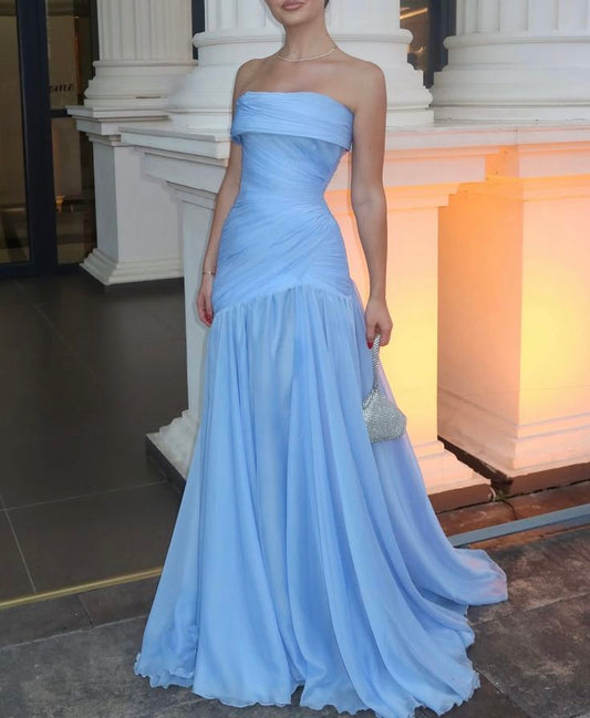 Gorgeous Chic Blue Strapless Sleeveless A Line Long Prom Dresses With Pleated Formal Gowns AB393