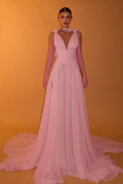 Attractive V-neck Prom Dresses For Women Pleated A-Line Lace Appliques Formal Evening Gowns AB399