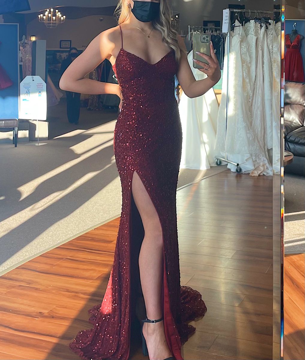 Robe de soirée longue élégante à fines bretelles et sequins bordeaux, inspirée par une sirène, pour femmes et jeunes filles (AB1781).