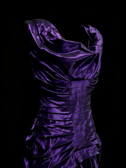 Vintage Meerjungfrauen-Abendkleid mit eckigem Ausschnitt, lila, ärmellos, 90er-Jahre-Stil mit Rüschen, langes formelles Abendkleid N1387