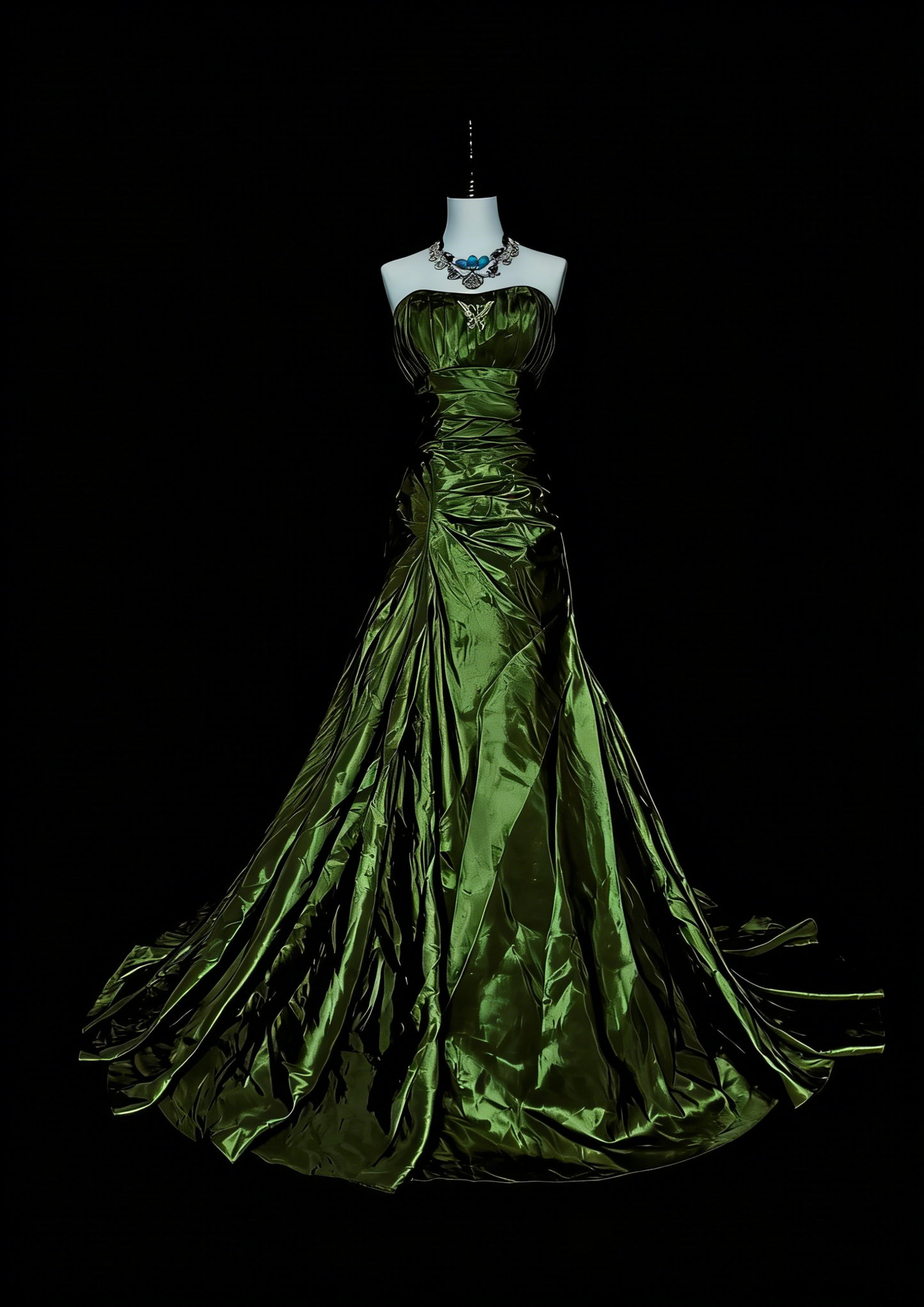 Robe de bal sirène vintage sans bretelles en satin vert olive, sans manches, années 80, longue robe de soirée formelle N1497