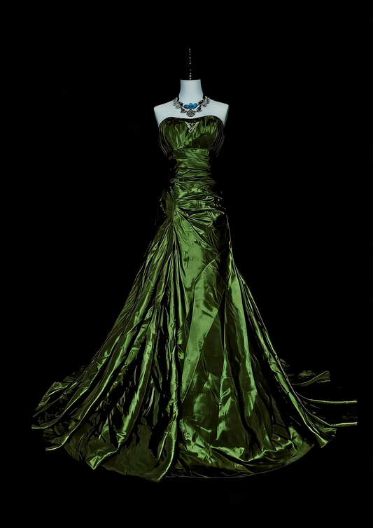 Robe de bal sirène vintage sans bretelles en satin vert olive, sans manches, années 80, longue robe de soirée formelle N1497