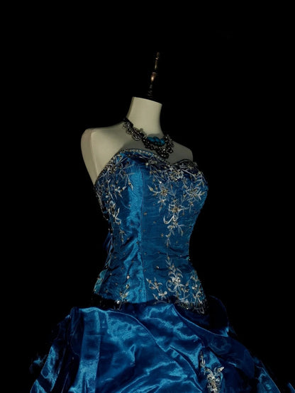 Vintage Ballkleid mit Herzausschnitt, blauer Organza mit Rüschen, Sweet 16 Kleider, Quinceañera Kleid, lang, Vestidos De Fiesta N1462