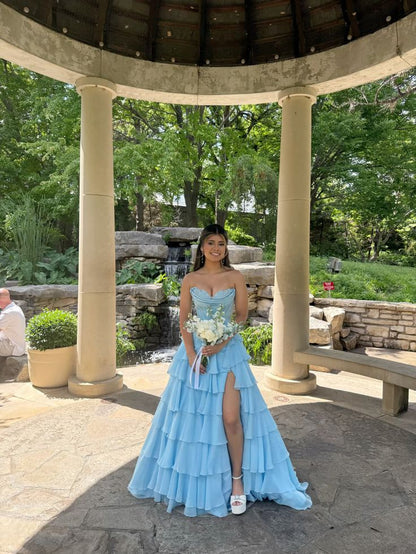 Blue Chiffon Tiered A Line Prom Dresses Long for Women Corset Ruffle Side Slit Formal Evening Gown AB155