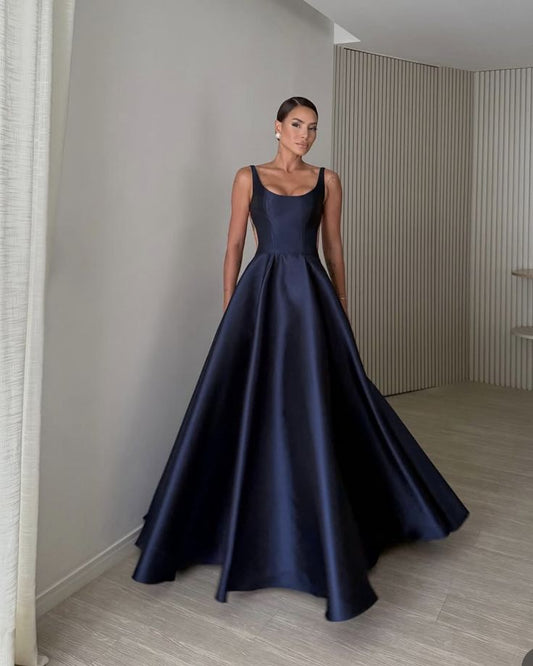 Simple A line Square Neck Navy Blue Satin Prom Dresses Long for Women Formal Evening Gown AB179