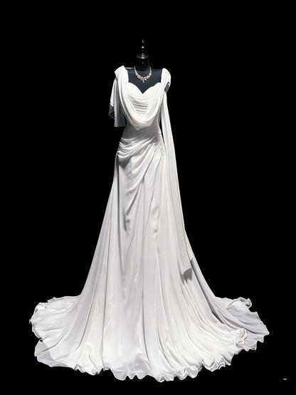 Vintage Brautkleid Meerjungfrauen-Stil, herzförmiger Schnitt, Chiffon, weiß, geraffte Spitze, langes Brautkleid, figurbetontes Brautkleid N1207