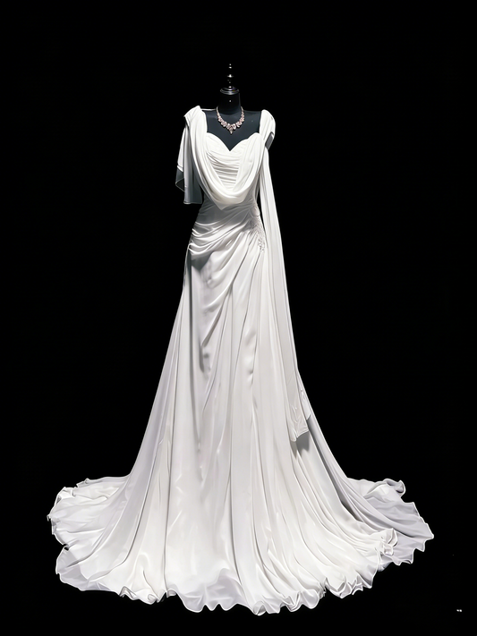 Vintage Wedding Dresses Mermaid Sweetheart Chiffon White Ruched Lace Long Brides Dress Fitted Bridal Gown N1207