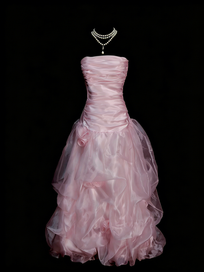 Vintage Ball Gown Strapless Light Pink 1980s College Formal Outfit Prom Graduation Dresses For Teens N1331