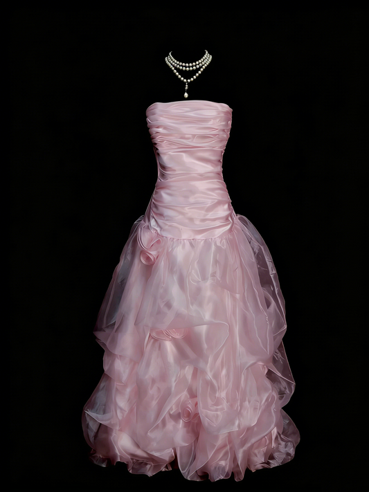 Vintage Ball Gown Strapless Light Pink 1980s College Formal Outfit Prom Graduation Dresses For Teens N1331