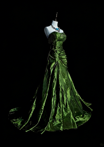 Robe de bal sirène vintage sans bretelles en satin vert olive, sans manches, années 80, longue robe de soirée formelle N1497