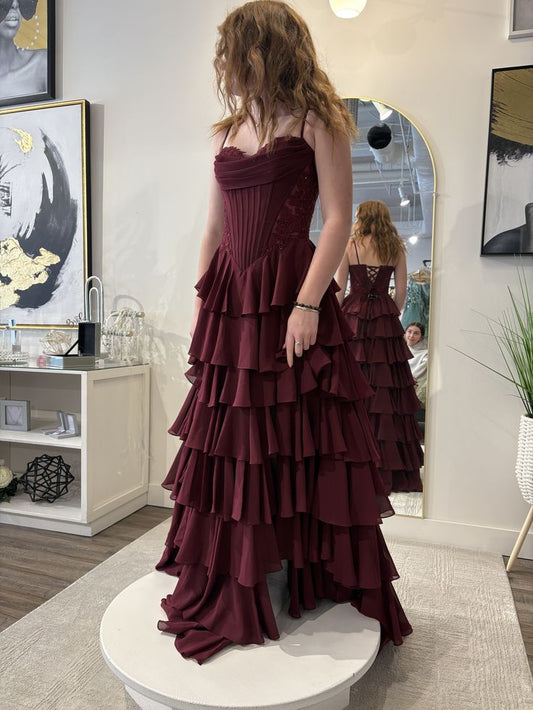Elegantes, burgunderrotes Chiffon-Abendkleid in A-Linie mit Spaghettiträgern – ein stilvolles Kleid für Teenager, perfekt für festliche Anlässe und Partys (AB1095).