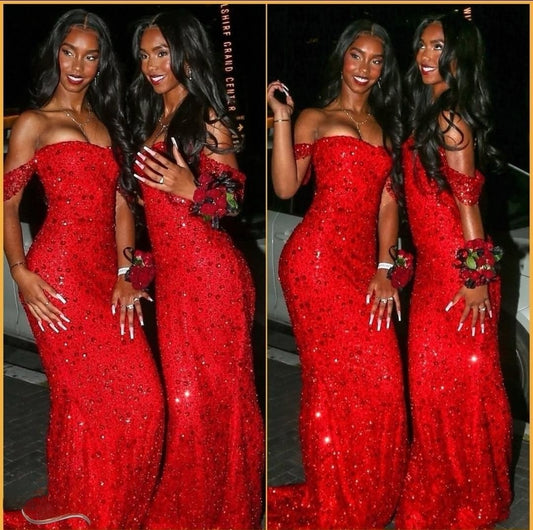Gorgeous Mermaid Off The Shoulder Red Sequins Beaded Bodice Prom Dresses Long Formal Party Gown AB371
