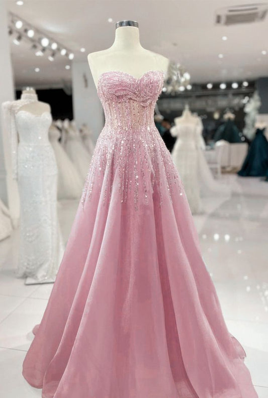 Classic Ball Gown Sweetheart Pink Tulle Sleeveless With Beaded Ruffles Long Prom Dresses Senior Graduation Dance Evening Outfits N026