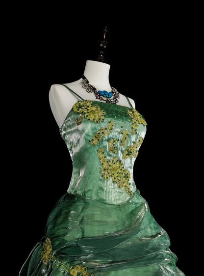 Vintage Prom Dresses Aesthetic Ball Gown Straps Green Organza Long Formal Dress N2154