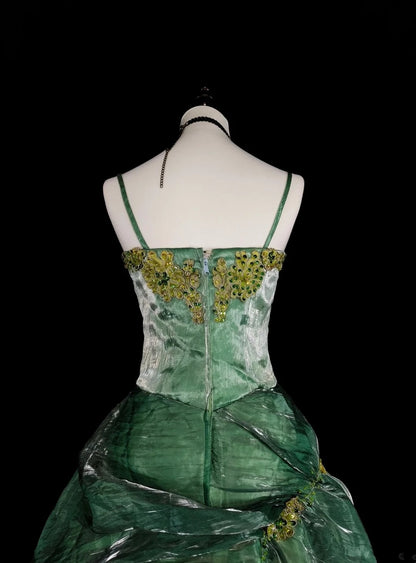 Vintage Prom Dresses Aesthetic Ball Gown Straps Green Organza Long Formal Dress N2154