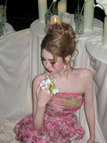 Elegantes, trägerloses Meerjungfrauen-Abendkleid in Pink mit Blumenmuster, ästhetisches langes Ballkleid für Abschlussball und Tanz N053