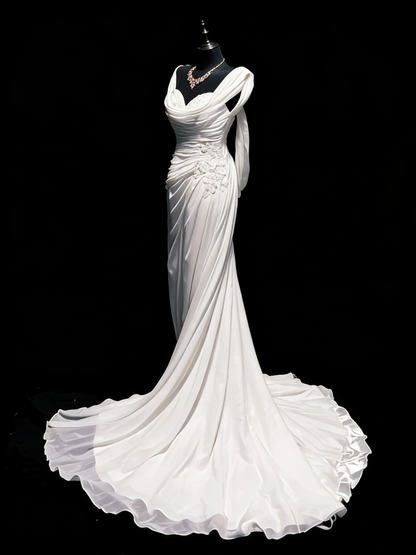Vintage Brautkleid Meerjungfrauen-Stil, herzförmiger Schnitt, Chiffon, weiß, geraffte Spitze, langes Brautkleid, figurbetontes Brautkleid N1207
