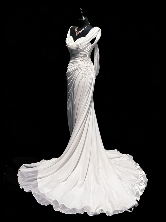 Vintage Wedding Dresses Mermaid Sweetheart Chiffon White Ruched Lace Long Brides Dress Fitted Bridal Gown N1207