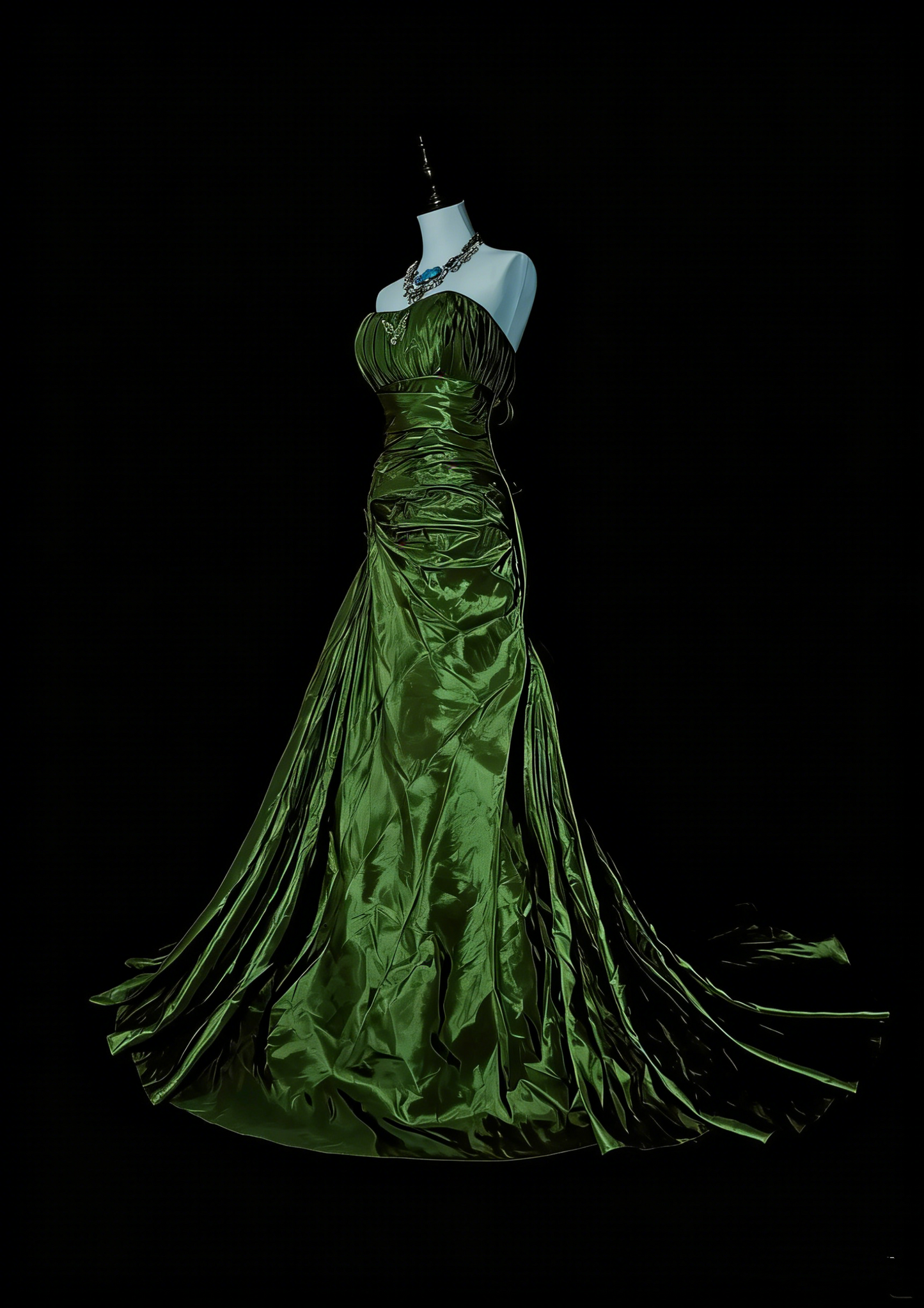Robe de bal sirène vintage sans bretelles en satin vert olive, sans manches, années 80, longue robe de soirée formelle N1497