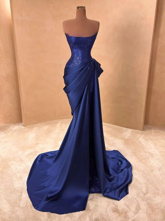 Modest Mermaid Strapless Royal Blue Satin Long Prom Dresses Inspiration Evening Gowns For Women Formal Party Dress AB1261