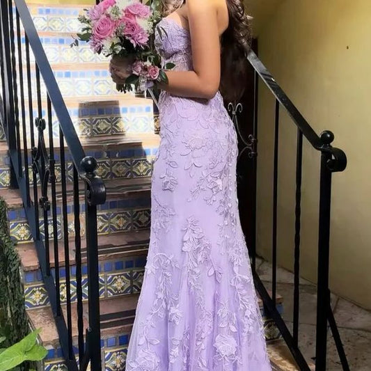 Classy Mermaid Strapless Tulle Lace Appliques Purple formal dresses Evening Prom Dresses AB630