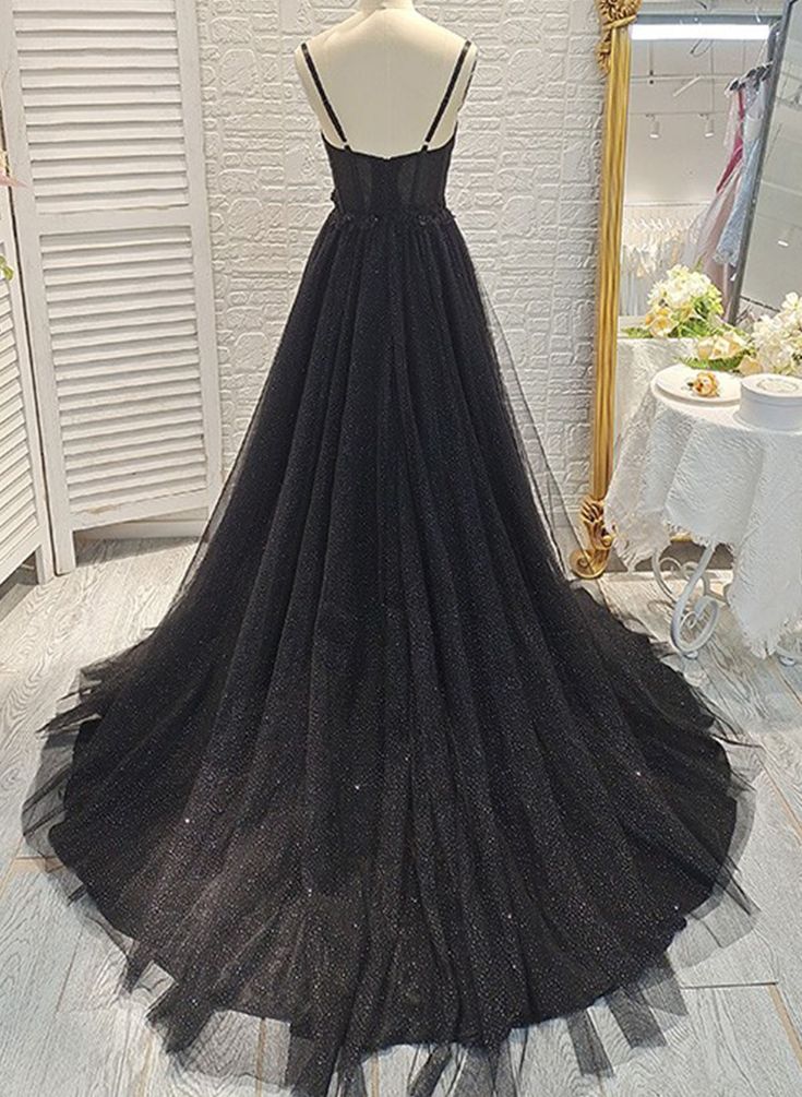Robe de bal noire, robe de bal bustier sans manches en tulle avec fente sur le devant N799