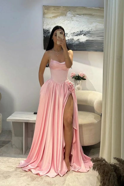 Gorgeous Baby Pink Sweetheart Satin Prom Dresses Sleeveless High Slit Gem With Pleats Vestidos De Dia AB503