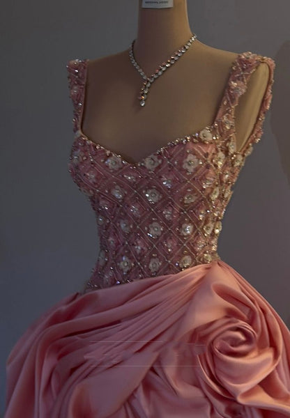 Robe de bal/soirée trapèze à bretelles carrées, ornée de fleurs et de perles, froncée, AB505