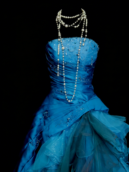 Vintage Night Aesthetic Ball Gown Strapless Blue Tulle 90s 80s College Formal Sweet 16 Outfit Long Prom Dresses For Teens N1160
