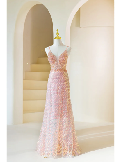 Cute A Line Spaghetti Straps Pink Sequin Long Prom Dresses Impress 19th Birthday Outfits Prom Gown AB892