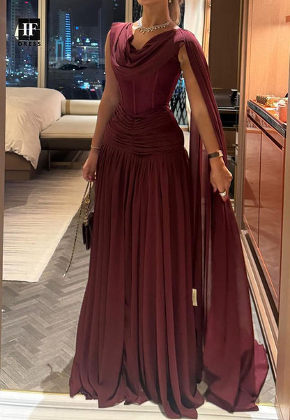 Neckholderärmellos Off-Shoulder Chiffon Bodenlang Plissiert A-Linien-Abschlussballkleid N2354