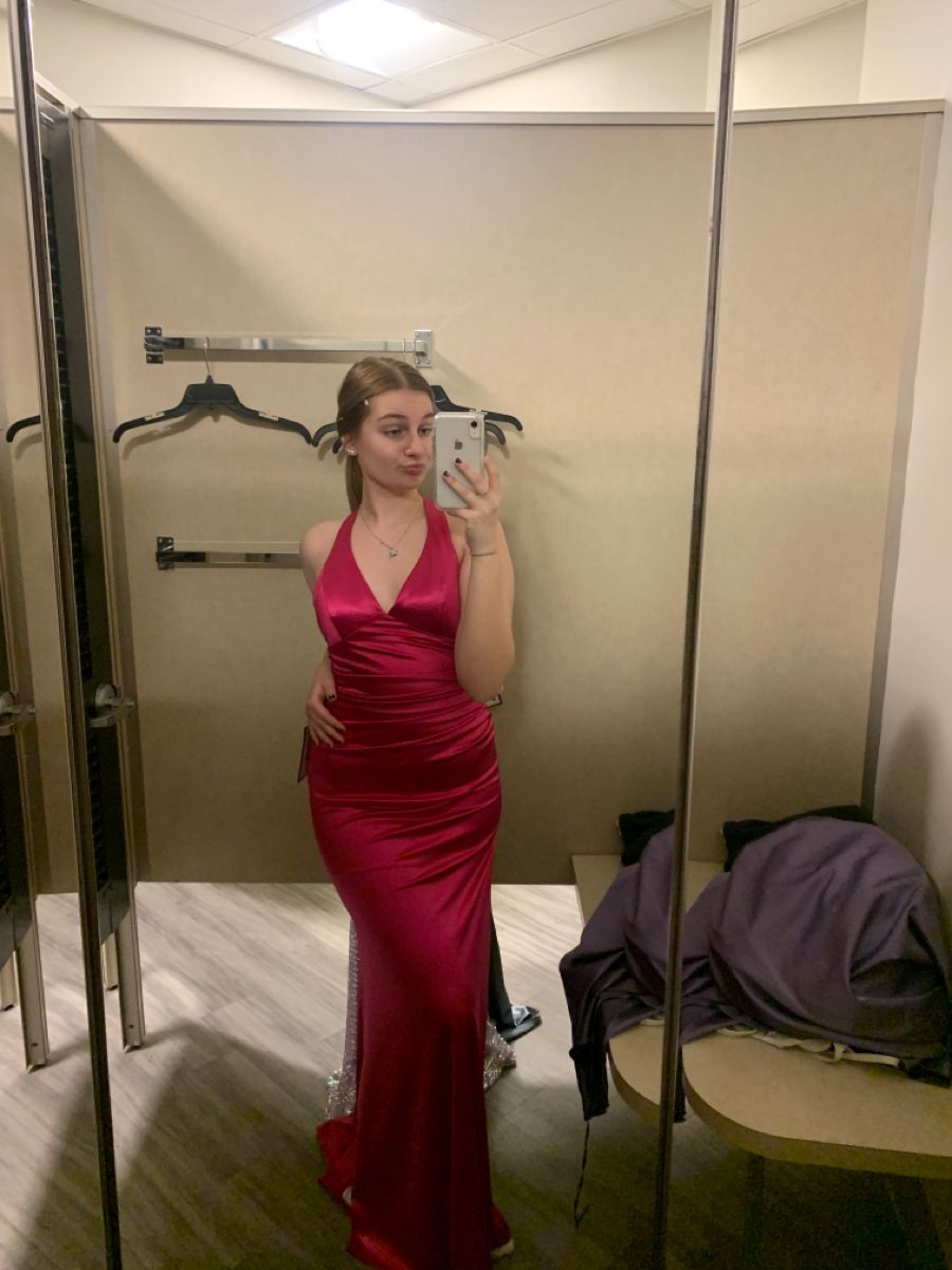 Robe de bal sirène modeste à col en V, robe de soirée longue en satin rose fuchsia AB798