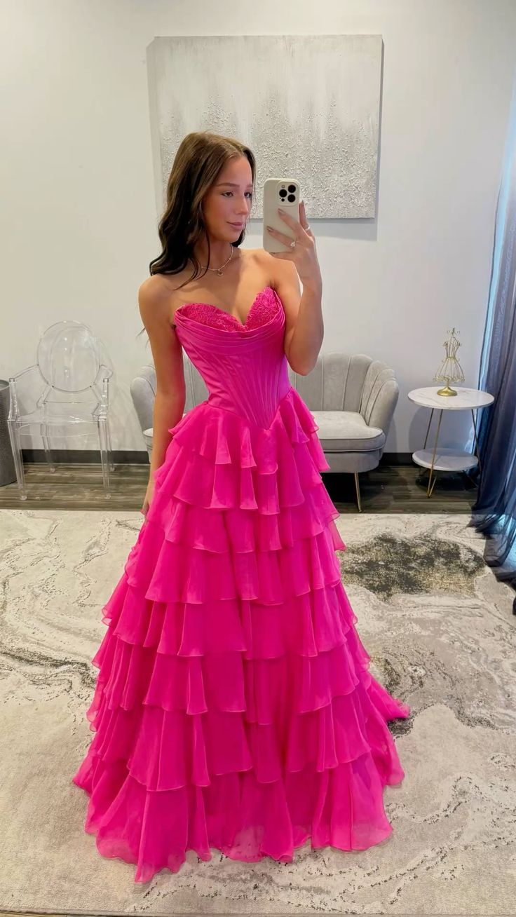 Unique Ball Gown Sweetheart Hot Pink Chiffon Layers Long Evening Dresses Long Prom Dress AB597