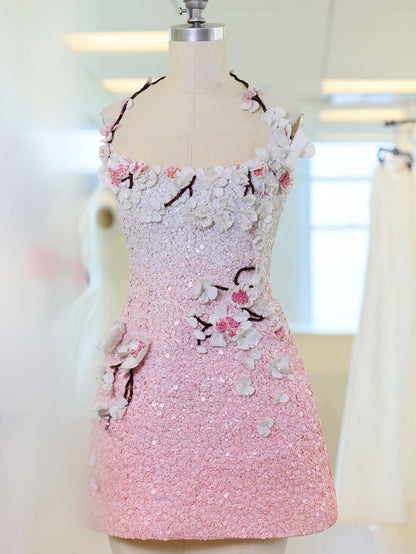 Élégante robe de soirée courte et mini rose trapèze à licou avec fleurs 3D et sequins, pour 15e anniversaire, tenue de soirée RB3395